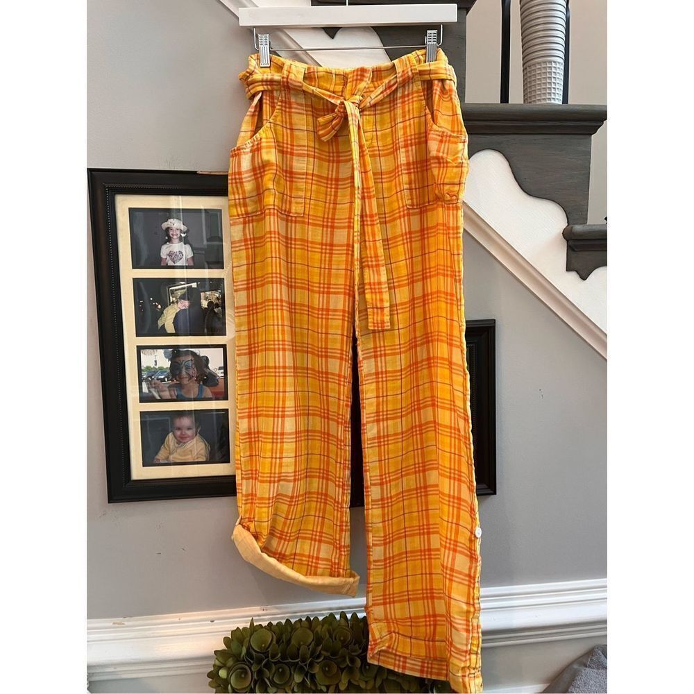 PINK VS Yellow & Orange Plaid Belted Flannel Convertible Pants sz L EUC